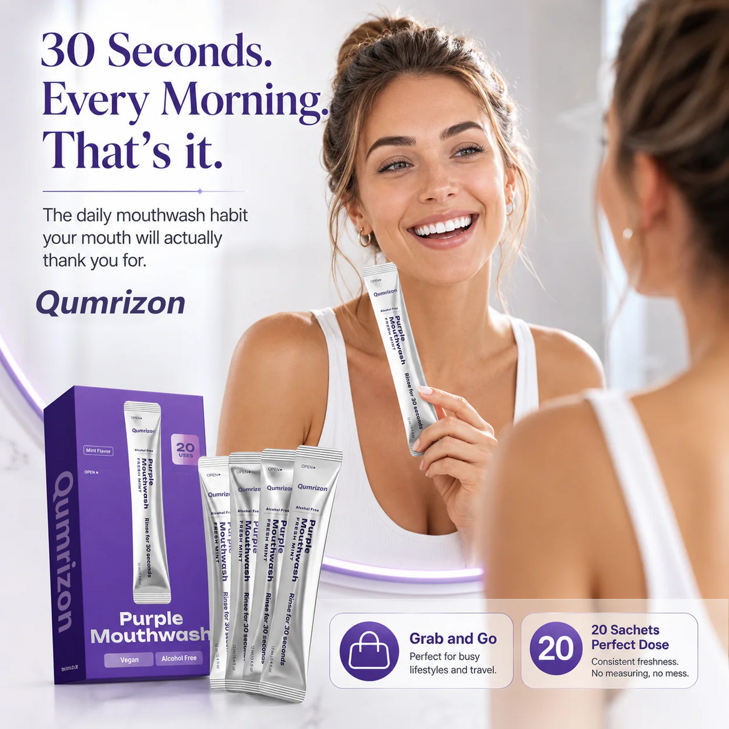 Qumrizon™ Purple Smile Rinse Sachets - 30 Second Color Correcting Mouthwash (20 Pack)