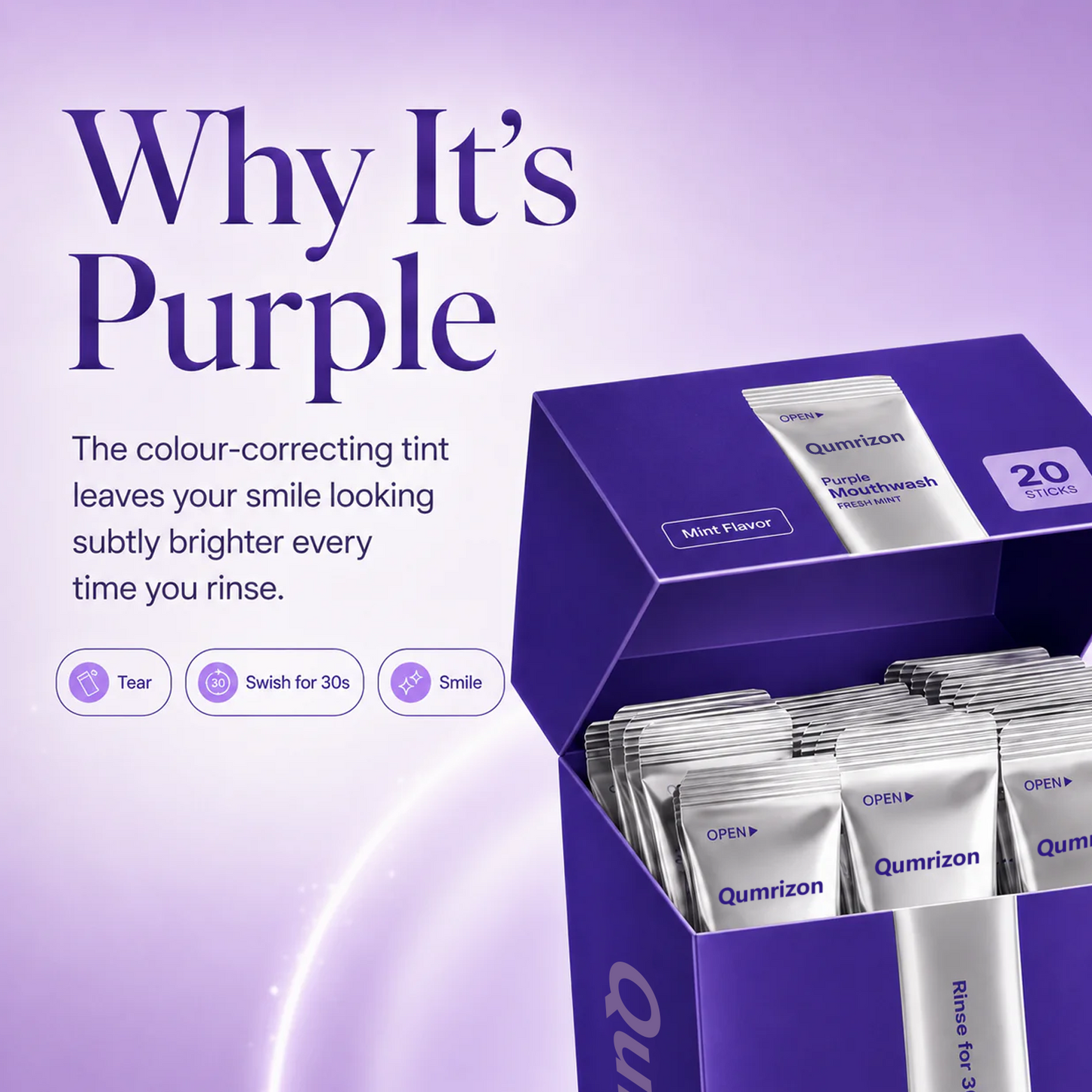 Qumrizon™ Purple Smile Rinse Sachets - 30 Second Color Correcting Mouthwash (20 Pack)